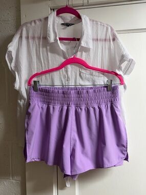 2 pc 90 Degree By Reflex Lavender High Waist Women’s Running Shorts/white top